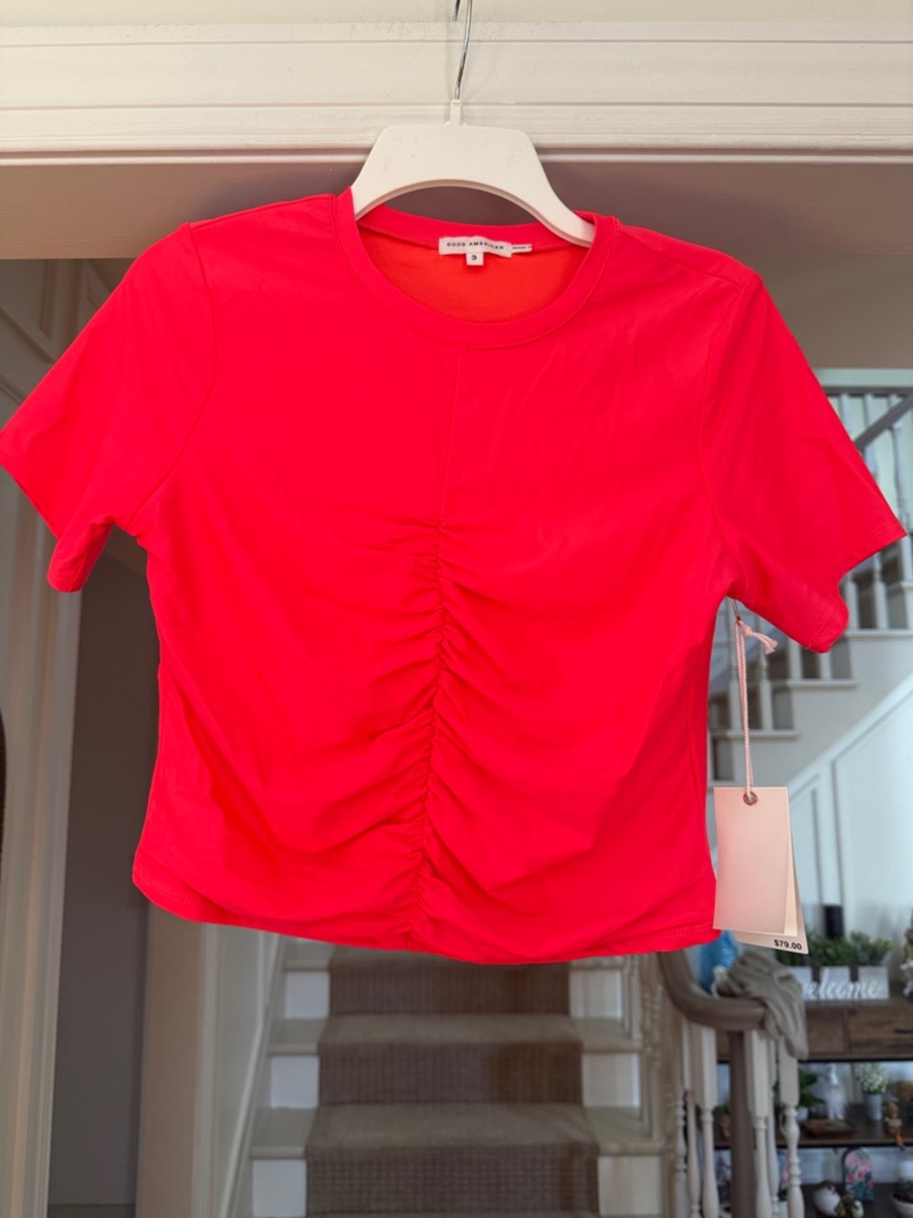 NWT Good American Ruched Crop Top in Fiery Coral